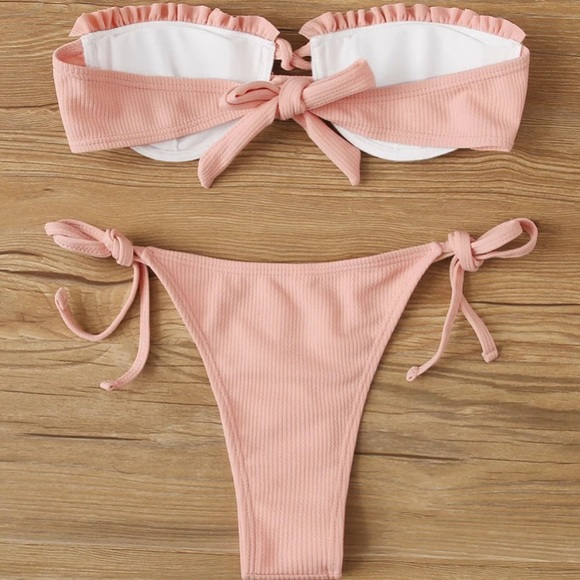 NWOT Ribbed frill trimmed side tie bikini - Picture 2 of 2